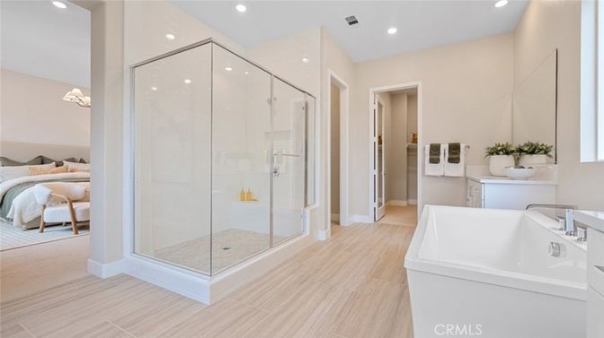 Bathroom, Bedroom, Glass Shower, Interior, Recessed Lighting, Wood Texture Flooring