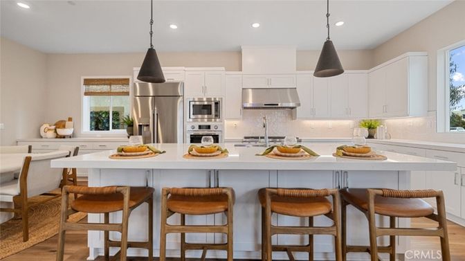 Interior, Kitchen, Pendant Lights, Recessed Lighting, Stainless Steel Appliances, Wood Texture Flooring