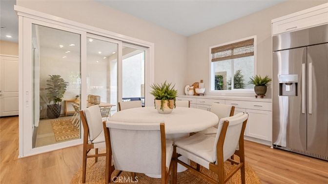 Dining room, Interior, Kitchen, Recessed Lighting, Stainless Steel Appliances, Wood Texture Flooring