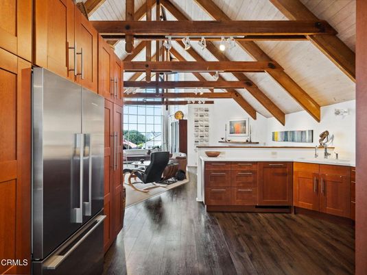 Interior, Kitchen, Pendant Lights, Stainless Steel Appliances, Wooden Beams, Wooden Ceilings, Wood Texture Flooring