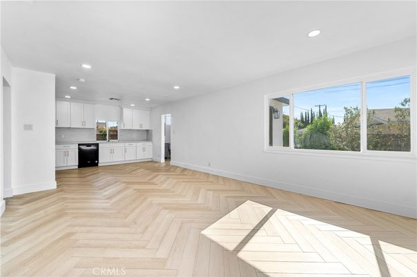 Empty room, Interior, Kitchen, Pendant Lights, Recessed Lighting, Wood Texture Flooring