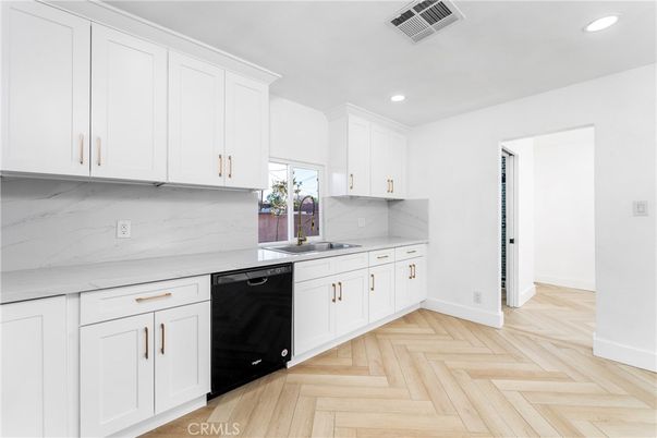 Interior, Kitchen, Marble Walls, Recessed Lighting, Wood Texture Flooring