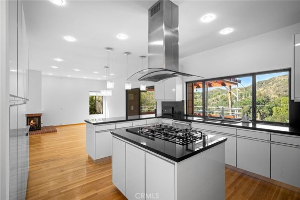 Fireplace, Interior, Kitchen, Pendant Lights, Recessed Lighting, Wood Texture Flooring