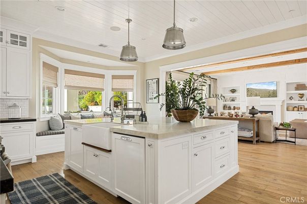 Fireplace, Interior, Kitchen, Living room, Pendant Lights, Recessed Lighting, Wood Texture Flooring