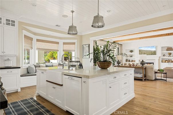 Fireplace, Interior, Kitchen, Living room, Pendant Lights, Recessed Lighting, Wood Texture Flooring