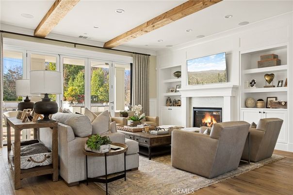 Fireplace, Interior, Living room, Recessed Lighting, Wooden Beams, Wood Texture Flooring