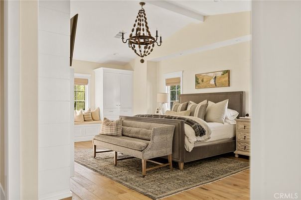 Bedroom, Chandelier, Interior, Wood Texture Flooring