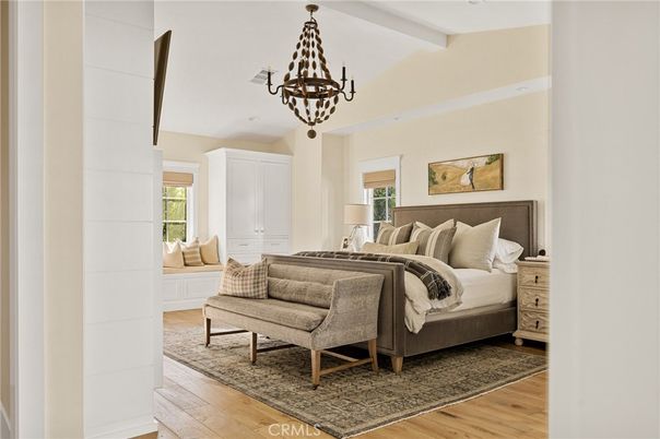 Bedroom, Chandelier, Interior, Wood Texture Flooring