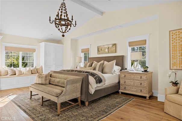 Bedroom, Chandelier, Interior, Wood Texture Flooring