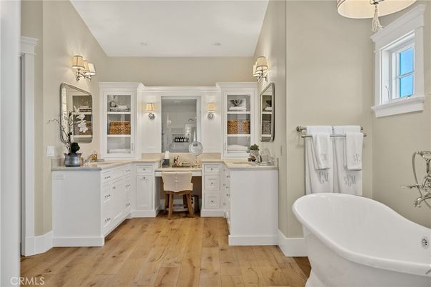 Bathroom, Dual Sink Vanities, Free Standing Baths, Interior, Wood Texture Flooring
