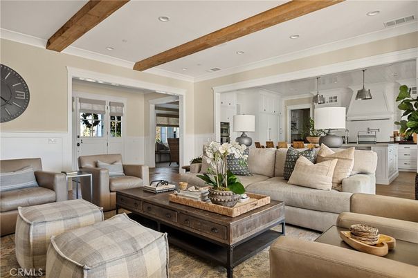 Interior, Kitchen, Living room, Pendant Lights, Recessed Lighting, Stainless Steel Appliances, Wooden Beams, Wood Texture Flooring