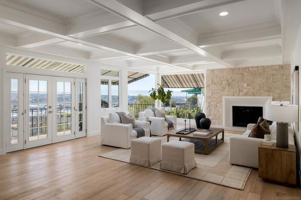Fireplace, Interior, Living room, Recessed Lighting, Stone Walls, Wood Texture Flooring