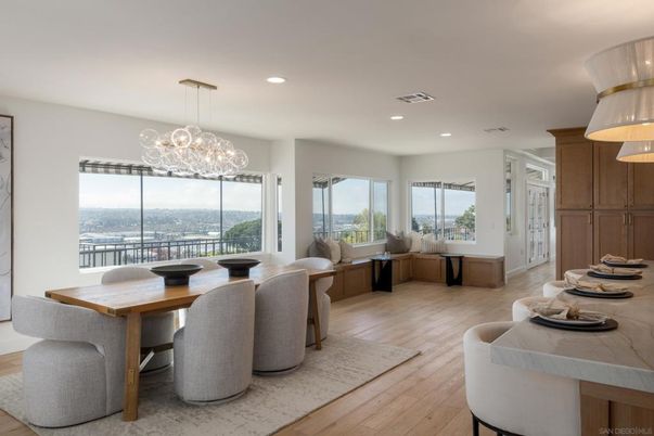 Dining room, Interior, Pendant Lights, Recessed Lighting, Wood Texture Flooring