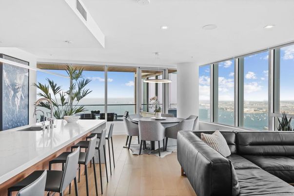Dining room, Interior, Pendant Lights, Recessed Lighting, Water, Wood Texture Flooring