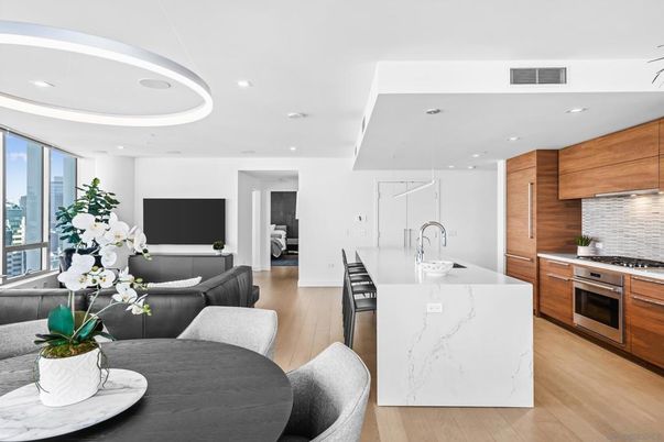 Dining room, Interior, Kitchen, Recessed Lighting, Stainless Steel Appliances, Wood Texture Flooring