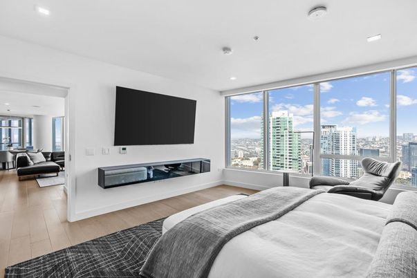 Bedroom, Interior, Recessed Lighting, Water, Wood Texture Flooring