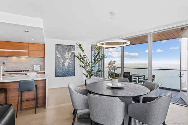 Dining room, Interior, Kitchen, Pendant Lights, Recessed Lighting, Water, Wood Texture Flooring