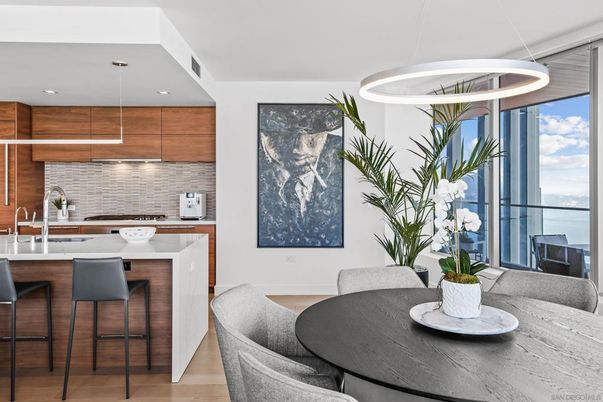 Dining room, Interior, Kitchen, Pendant Lights, Recessed Lighting, Water, Wood Texture Flooring