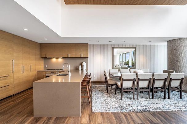 Dining room, Interior, Kitchen, Recessed Lighting, Stainless Steel Appliances, Wood Texture Flooring