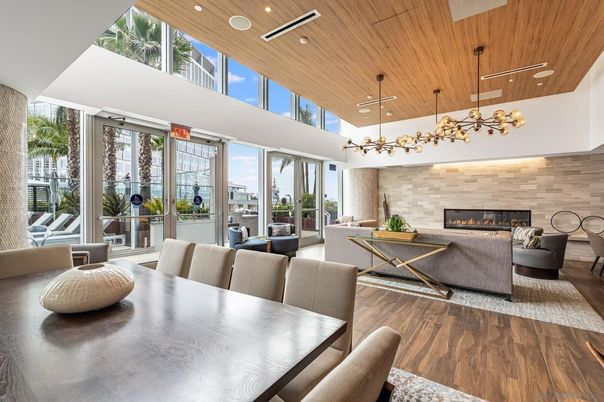 Dining room, Fireplace, Interior, Living room, Pendant Lights, Recessed Lighting, Stone Walls, Wooden Ceilings, Wood Texture Flooring