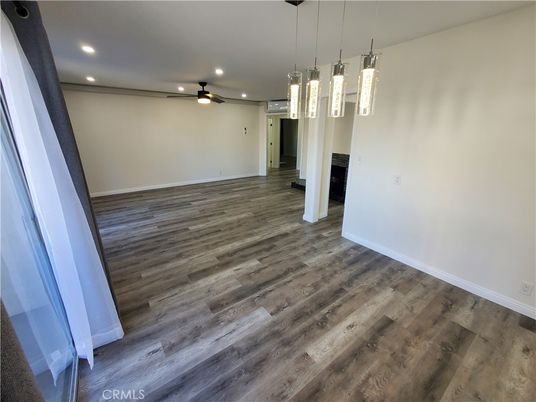 Empty room, Interior, Pendant Lights, Recessed Lighting, Wood Texture Flooring
