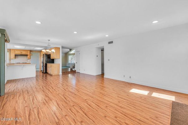 Chandelier, Empty room, Interior, Kitchen, Recessed Lighting, Wood Texture Flooring