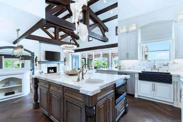 Fireplace, Interior, Kitchen, Pendant Lights, Recessed Lighting, Stainless Steel Appliances, Wooden Beams, Wood Texture Flooring