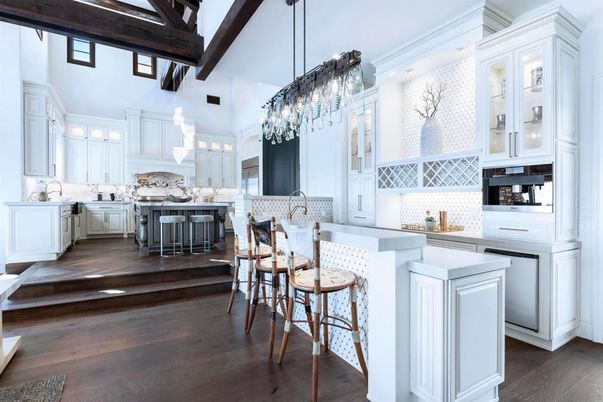 Chandelier, Interior, Kitchen, Pendant Lights, Wooden Beams, Wood Texture Flooring
