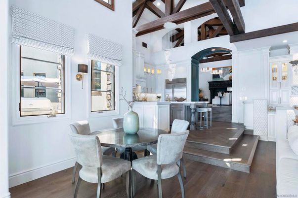 Dining room, Interior, Kitchen, Pendant Lights, Recessed Lighting, Wooden Beams, Wood Texture Flooring