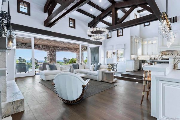 Chandelier, Interior, Kitchen, Living room, Pendant Lights, Recessed Lighting, Wooden Beams, Wood Texture Flooring