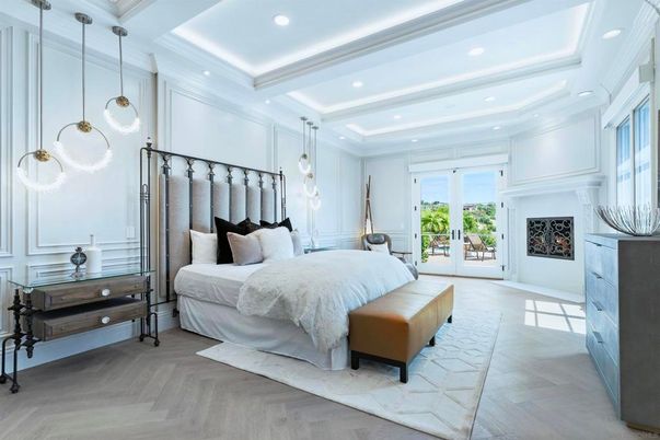 Bedroom, Interior, Pendant Lights, Recessed Lighting, Wood Texture Flooring