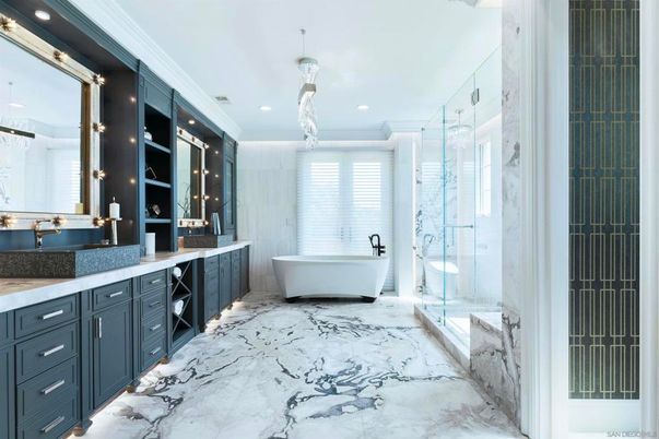 Bathroom, Dual Sink Vanities, Free Standing Baths, Glass Shower, Interior, Marble, Marble Walls, Pendant Lights, Recessed Lighting