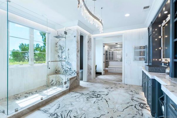 Bathroom, Glass Shower, Interior, Marble, Marble Walls, Pendant Lights, Recessed Lighting