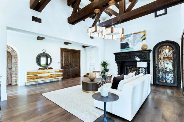 Fireplace, Interior, Living room, Pendant Lights, Wooden Beams, Wood Texture Flooring