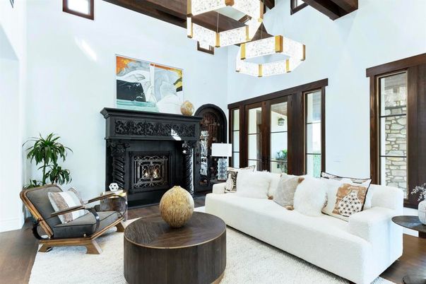 Fireplace, Interior, Living room, Pendant Lights, Wood Texture Flooring