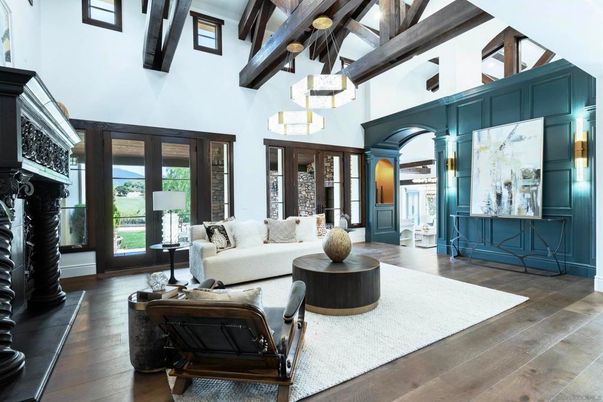 Fireplace, Interior, Living room, Pendant Lights, Wooden Beams, Wood Texture Flooring