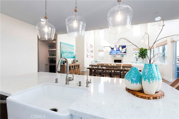 Dining room, Fireplace, Interior, Kitchen, Pendant Lights