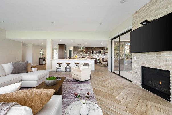 Fireplace, Interior, Kitchen, Living room, Pendant Lights, Recessed Lighting, Stone Walls, Wood Texture Flooring
