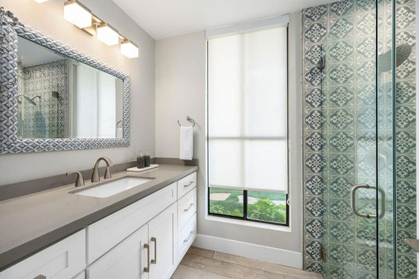 Bathroom, Dual Sink Vanities, Glass Shower, Interior, Wood Texture Flooring