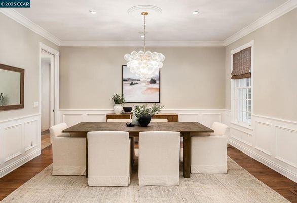 Dining room, Interior, Pendant Lights, Recessed Lighting, Wood Texture Flooring
