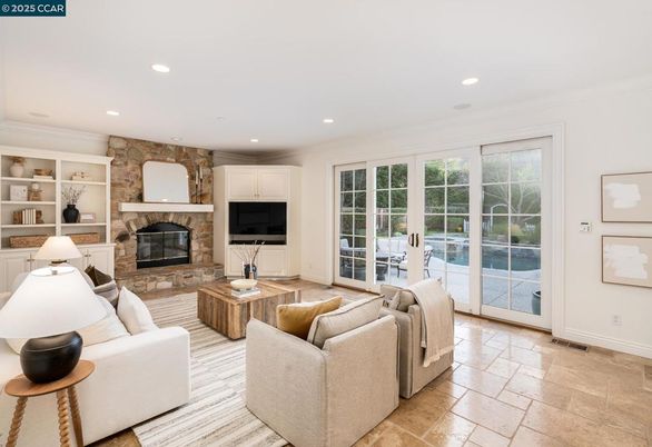 Fireplace, Interior, Living room, Recessed Lighting, Stone Walls