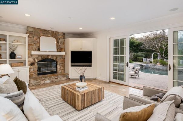 Fireplace, Interior, Living room, Recessed Lighting, Stone Walls