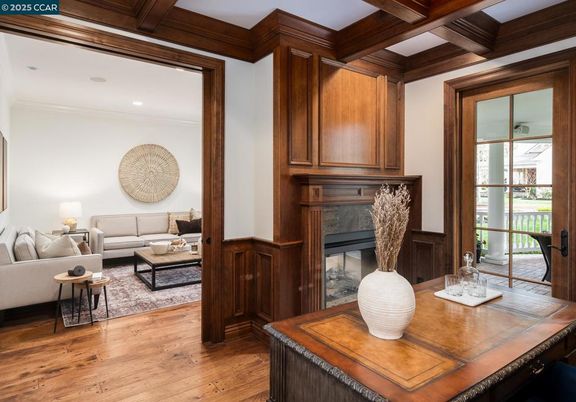 Fireplace, Interior, Living room, Recessed Lighting, Wooden Beams, Wood Texture Flooring