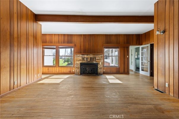 Empty room, Fireplace, Interior, Wooden Beams, Wood Texture Flooring, Wooden Walls