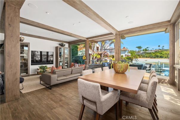 Dining room, Interior, Living room, Recessed Lighting, Water, Wooden Beams, Wood Texture Flooring