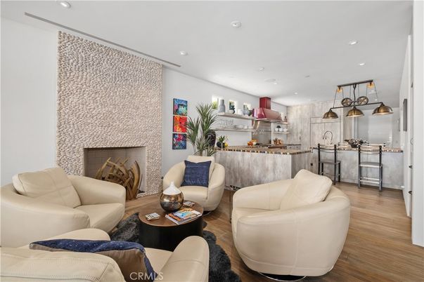 Fireplace, Interior, Kitchen, Living room, Pendant Lights, Recessed Lighting, Wood Texture Flooring