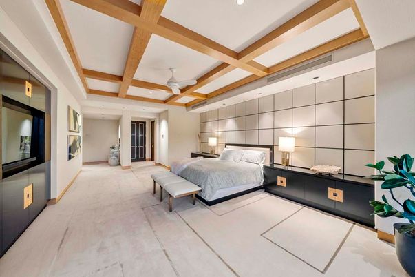 Bedroom, Interior, Recessed Lighting, Wooden Beams