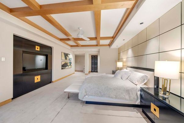 Bedroom, Interior, Recessed Lighting, Wooden Beams