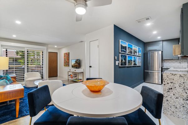 Dining room, Interior, Kitchen, Recessed Lighting, Stainless Steel Appliances, Wood Texture Flooring