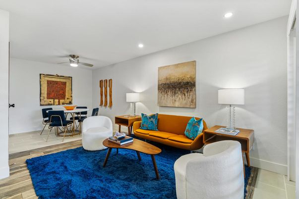 Dining room, Interior, Living room, Recessed Lighting, Wood Texture Flooring
